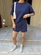 Osy Modal Yumuşak Dokulu Kumaş Parçalı Bisiklet Yaka T-shirt Mini Şortlu Etek İkili Takım -Lacivert resmi